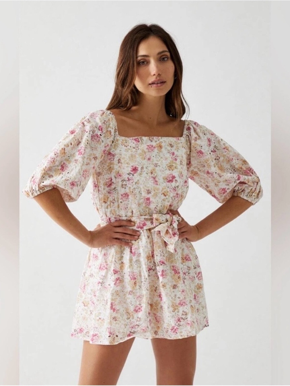 MINKPINK Floral Square-Neck Puff Sleeve Mini Dress in Pink and Cream 100% Cotton